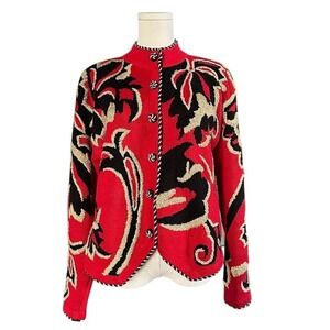 Vintage Marisa Christina Lisa Nichols Red Knit Cardigan Ornate Gold Black Medium